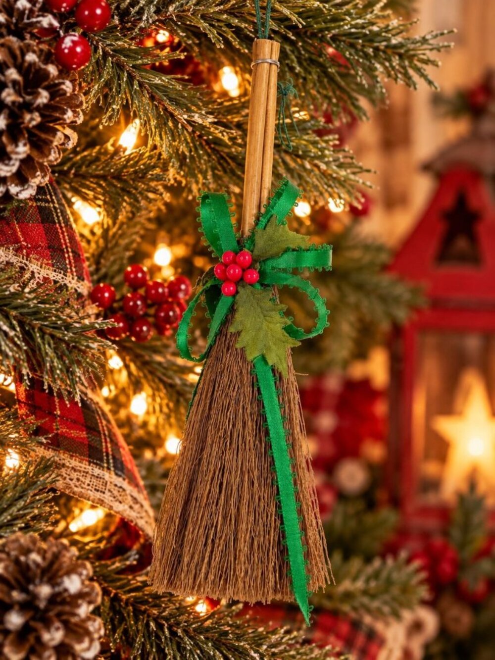 Mini Decorative Straw Broom Green Ribbon Red Berries Festive Holiday Accent